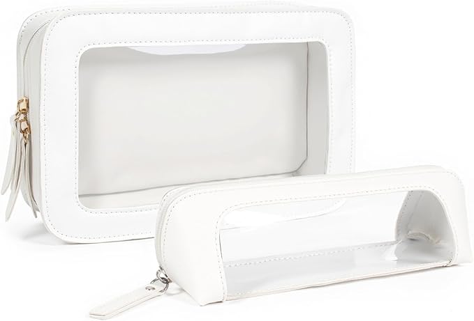 LETGO 2Pack Clear Makeup Bags Set, Small Clear Makeup Bag, PU Leather Travel Makeup Brush Case Portable Transparent Waterproof Cosmetic Organizer Pouch with Zipper for Women(2Pack-White Set)