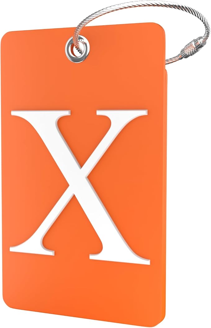 Shacke Luggage Tag Initial – Fully Bendable Tag w/Stainless Steel Loop (Orange) (Letter X)