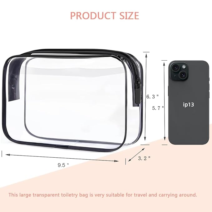 Clear Toiletry Bag, 2 Packs TSA Approved Water resistant Travel Organizer, Airport Airline Travel Essential Carry On Makeup Cosmetic Bags for Women, Black - 2 packs