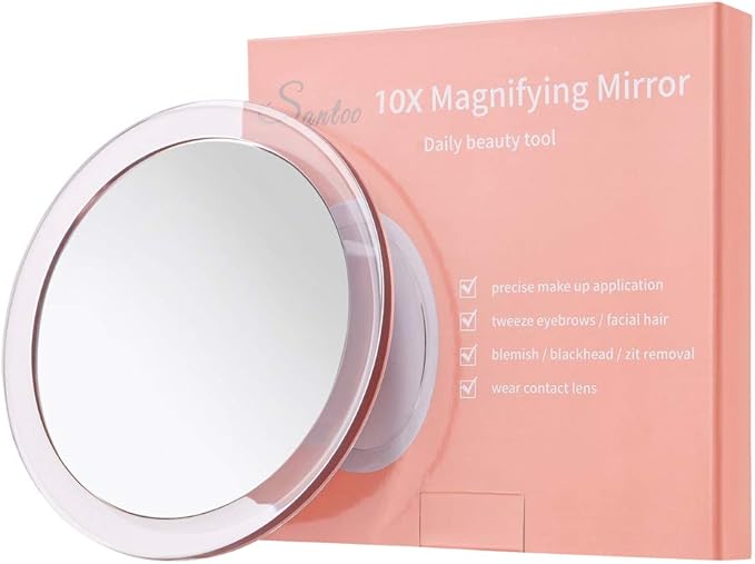 SANTOO 10X Magnifying Mirror - with 3 Mounting Suction Cups - Used for Precise Makeup - Eyebrows/Tweezing - Blackhead/Blemish Removal - Bathroom/Travel Makeup Mirror - 6 Inch Round
