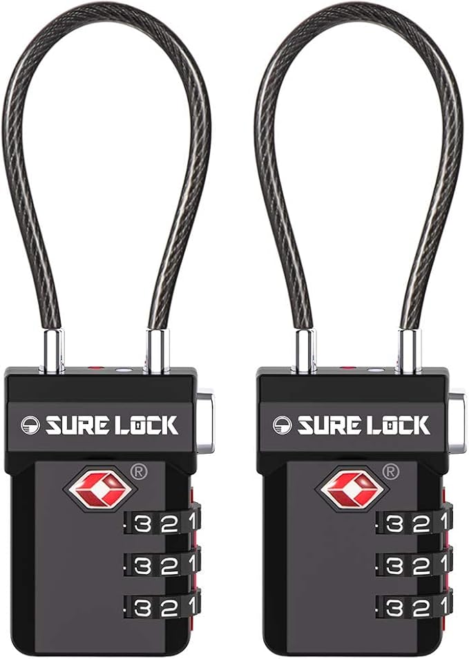 SURE LOCK TSA Approved Luggage Locks – 3-Digit Combination Cable Lock with Red Indicator, Large Dial & Easy-Press Button for Suitcases and Backpacks – Multi-Pack & Color Options