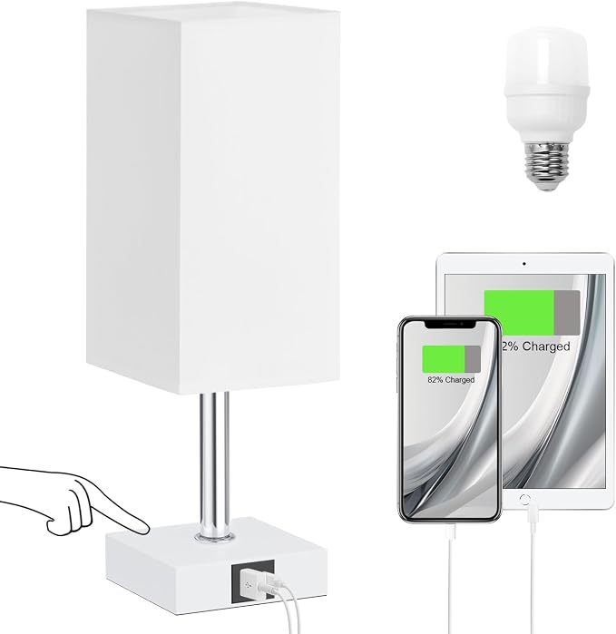 Touch Table Lamp for Bedroom - Dimmable, USB C+A, White Lamphade White Base | 3-Way Dimmable, 3000K LED Bulb Included, Square Lampshade, Cute Room Decor for Teen Girls, Kids, Small Lamp for Dorm, Nursery