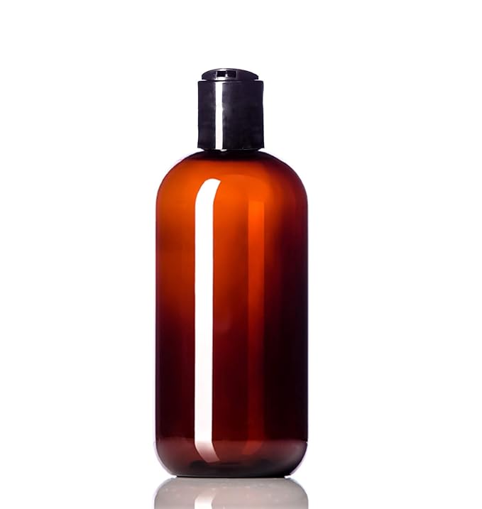 8oz Plastic Amber Bottles (6 Pack) BPA-Free Squeeze Containers with Disc Cap, Labels Included