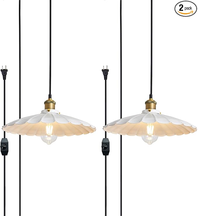 2Pack Hanging Lamp Plug in White 15.7" Shade Cozy Vintage Pendant Light for Kitchen Island and Dining Room, Farmhouse Hanging Lamp with Brass Accent, Adjustable Light Cord