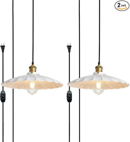 2Pack Hanging Lamp Plug in White 15.7" Shade Cozy Vintage Pendant Light for Kitchen Island and Dining Room, Farmhouse Hanging Lamp with Brass Accent, Adjustable Light Cord