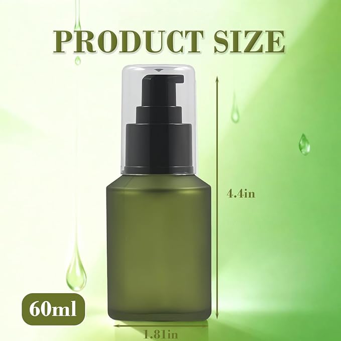 1PCS 60ML/2OZ Empty Refillable Green Frosted Glass Bottles with Pump Vial Cosmetic Dispenser Jars Storage Container Portable Travel Bottle Sample Trial Packing
