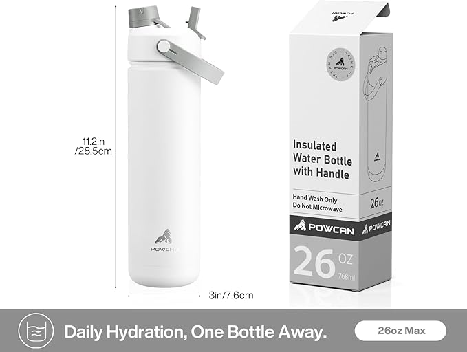 POWCAN 26 oz Insulated Water Bottle with 2-in-1 Straw and Spout Lid, Keep Cold 24H, Leak-Proof, Fits in Car Cup Holder, Stainless Steel Water Bottle for Gift, Gym, Travel and Home (Cerulean Porcelain)