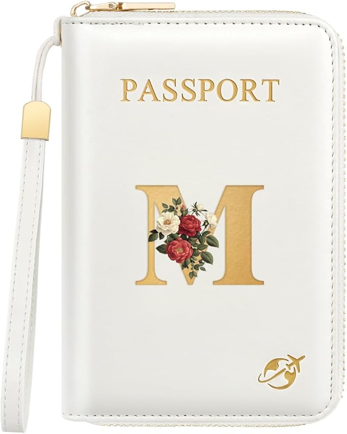 Passport Holder for Travel Personalized Passport Holder Initial Letter Rose Flower RFID Blocking Travel Wallets Credit Cards Holder for Women Men, White M
