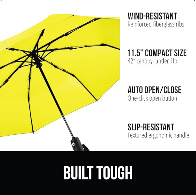 GORILLA GRIP Strong Windproof Stick Compact Umbrella for Rain, One-Click Automatic Open and Close, Durable Quick Dry Waterproof Material, Lightweight and Portable, Travel Size Fits Backpack, Yellow