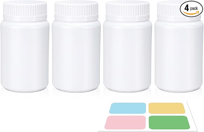 White Pill Bottle, Empty Medicine Bottles with Screw Caps for Pills Capsules Vitamins, Food Grade Plastic Medicine Containers with Labels for Travel (3.4oz/100ml, 4 Pcs)