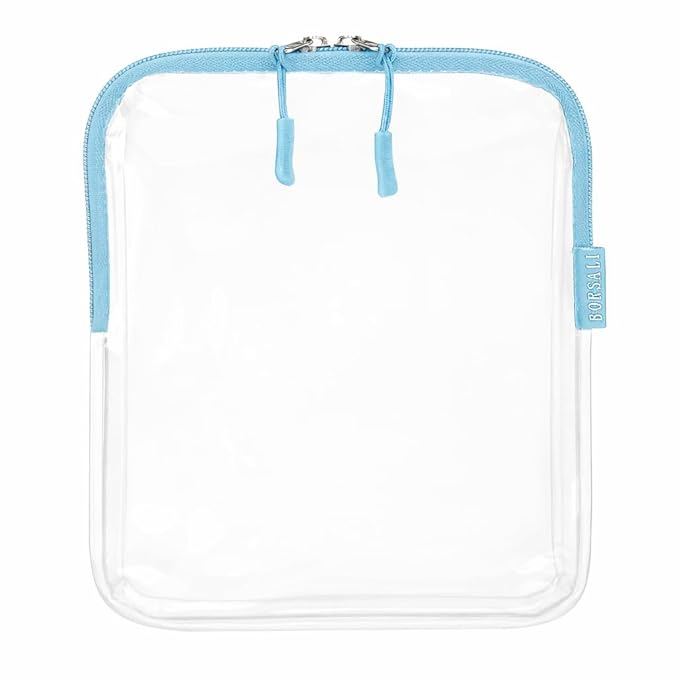 BORSALI TSA Approved Toiletry Bag - Clear Quart Size for 3-1-1 Carry On Travel - Makeup Organizer Cosmetic Pouch with Zipper - Travel Accessories - Light Blue