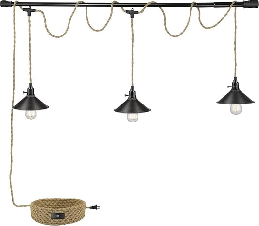 3-Light Hanging Light with Plug in Cord,Plug in Pendant Light 22ft Hemp Rope Pendant Lighting Vintage 3-Light Hanging Lamp Fixtures for Kitchen Island Living Room Bedroom