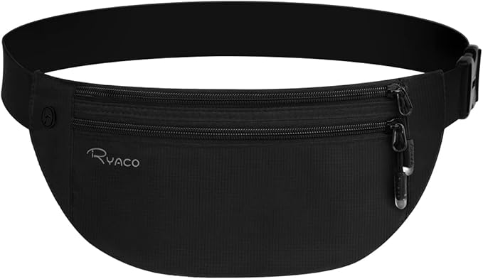RYACO Money Belt for Men & Women Travel Hidden Wallet Secure RFID Blocking Waterproof Pouch for Passport, Cards, Cash& Phone Adjustable& Wearable Slim Waist Bag Under Clothes