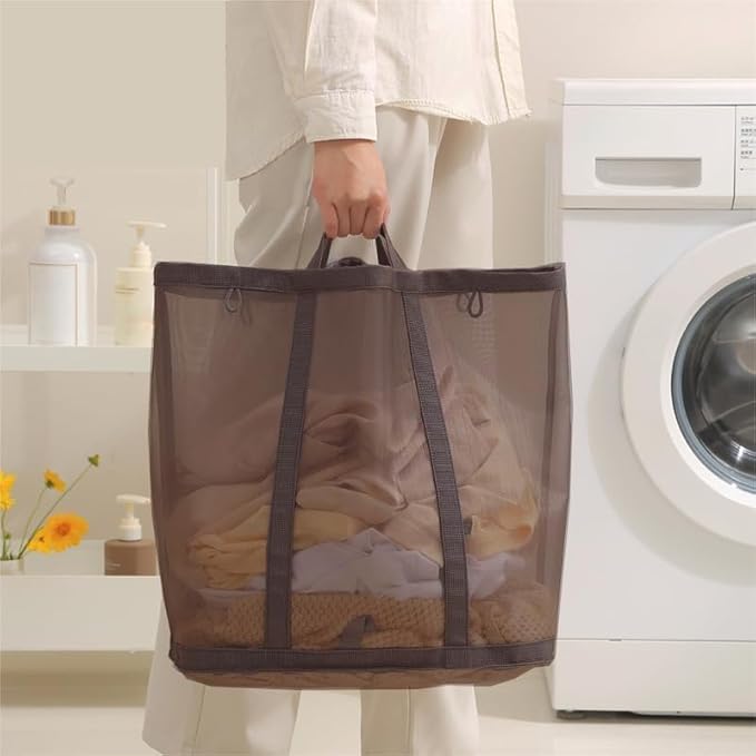 Mesh Bag with Handles, Collapsible Laundry Basket, Foldable Laundry Bag, Breathable Folding Beach Bag,Space-saving Travel Tote Bags (1, Brown)