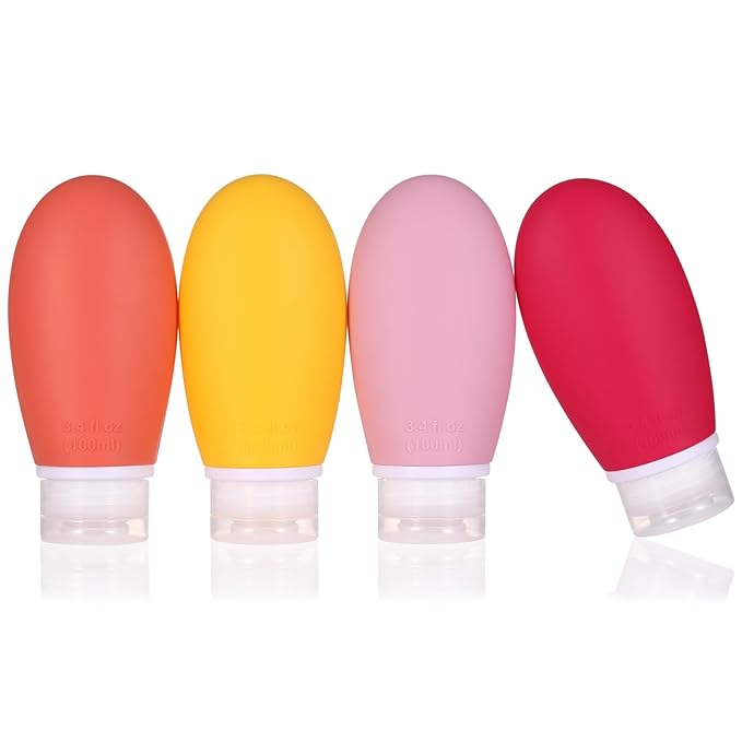 Leak Proof Silicone Travel Bottles,4 Pack 3.4oz Liquid Squeezable Refillable Portable Accessories/Cosmetic Containers,BPA Free,Travel Size Bottles for Toiletries Shampoo Conditioner Lotion