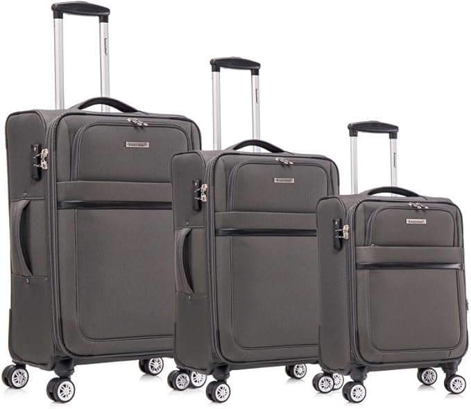 Lispin Luggage Set Softshell Expandable 4 Piece Suitcase with Wheels Softside Lightweight Travel Carry on Luggage (Grey + Fabric + 3-piece)