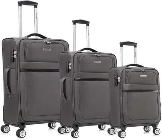 Lispin Luggage Set Softshell Expandable 4 Piece Suitcase with Wheels Softside Lightweight Travel Carry on Luggage (Grey + Fabric + 3-piece)