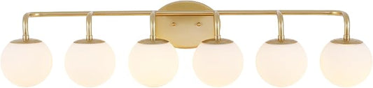 JONATHAN Y Louis Parisian Globe 40" Vanity 6-Light, Gold Painting | White Frosted Glass Shade, Midcentury Parisian Bistro Style, Metal Wall Lamp, Dimmable, Hardwired, LED Bulbs Included