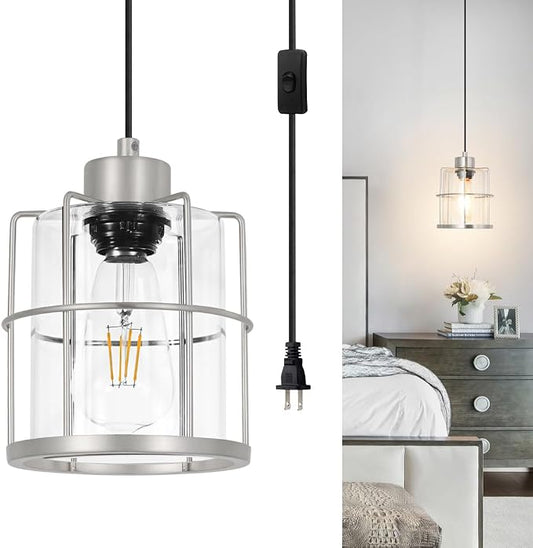 Brushed Nickel Plug in Pendant Light, Hanging Lights with Plug in Cord, Corded Cage Hanging Lamp, Plug in Swag Light Fixtures with Clear Glass, Pendant Lights for Kitchen Island Living Room