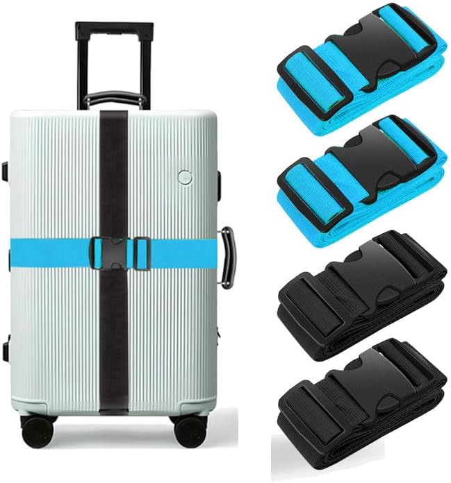 BILIONE Luggage Straps, 79" Long Belts Keep Suitcase Secure While Traveling, TSA Approved Add a Bag Premium Accessory for Travel Bag Closure (Black+Blue, 4Pcs)