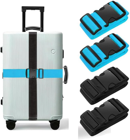 BILIONE Luggage Straps, 79" Long Belts Keep Suitcase Secure While Traveling, TSA Approved Add a Bag Premium Accessory for Travel Bag Closure (Black+Blue, 4Pcs)