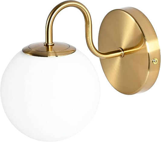 Modern Bedroom Wall Sconce Brushed Brass Indoor Wall Light Fixture Milk White Globe Glass Wall Lamp for Bathroom Kitchen Living Room Vanity Hallway (Exclude Bulb)