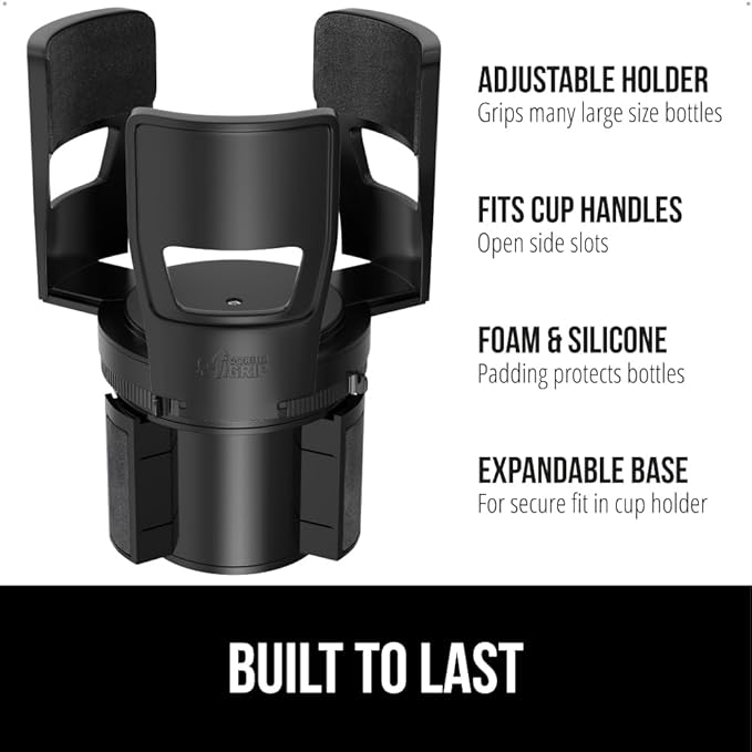 GORILLA GRIP Patent Pending Adjustable Car Cup Holder Expander, 2 PK, Keeps Water Bottle Secure, Expands to Fit 18 to 48 oz Bottles, Yeti, Owala, Stanley with Handle, Coffee Mug Insert for Cars, Black