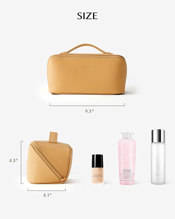EACHY Travel Makeup Bag, Large Capacity Cosmetic Bag for Women, Waterproof PU Leather, Flat Open Portable Toiletry Bag for Skincare, Brushes & Travel Essentials