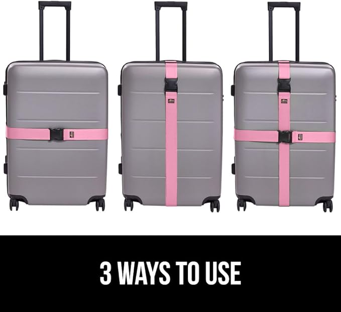 GORILLA GRIP Heavy Duty 4 Pack Adjustable Luggage Straps for Suitcases, Easy to Identify Travel Belt Connector Holds Suitcase Together, Extends Life of Bag, Strap Connects Two Bags, Accessories Pink
