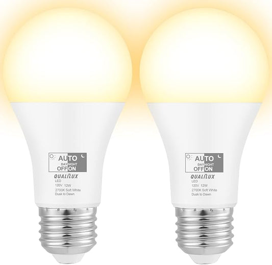 Qualilux Dusk to Dawn Light Bulbs, Auto On/Off Light Sensing LED Bulbs Outdoor, Soft White, A19 2-Pack, 12W 1000LM 75W Equivalent, HQ-H021