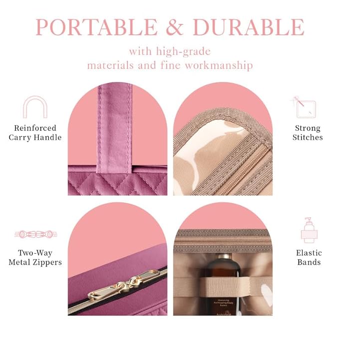 HOTOR Travel Toiletry Bag - Hanging Toiletry Bag for Women & Men, Makeup Bag/Big Comparment, Waterproof for Travel Accessories, Travel Essentials, Medium, Rosewood-Pink