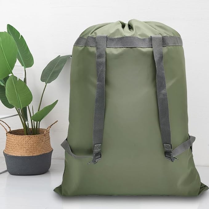 Laundry Bag Backpack, 27” x 34”Sturdy Laundry Bag with Shoulder Straps Drawstring Closure Heavy Duty Foldable Laundry Backpack for College, Travel, Laundromat, Apartment (Army Green)