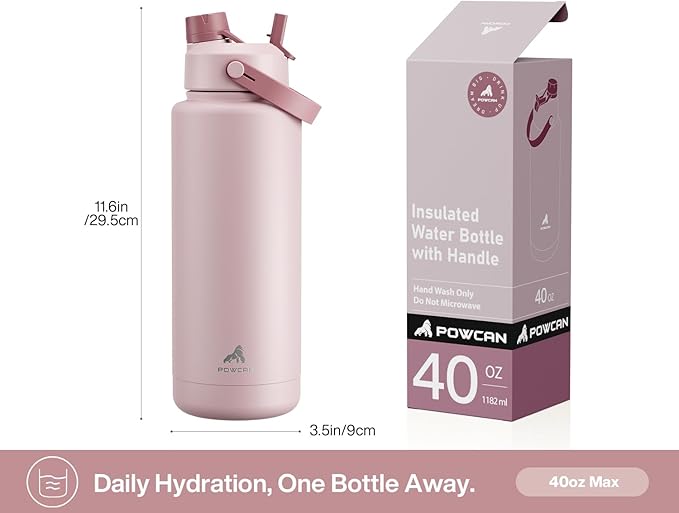 POWCAN 40 oz Insulated Water Bottle with 2-in-1 Straw and Spout Lid, Keep Cold 24H, Leak-Proof, BPA-Free, Double Wall Stainless Steel Water Bottle for Sports, Gym, Travel, and School (Dried Rose)