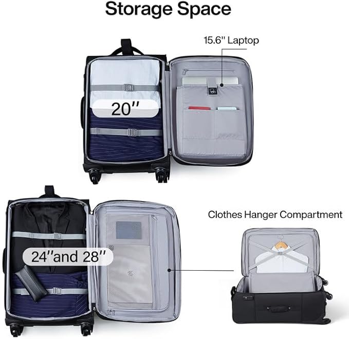 Hanke Luggage Sets 2 Piece Softside Expandable Luggage With Spinner Wheels TSA Lock,Travel Luggage Rolling Suitcase Checked Luggage Black(20/28)