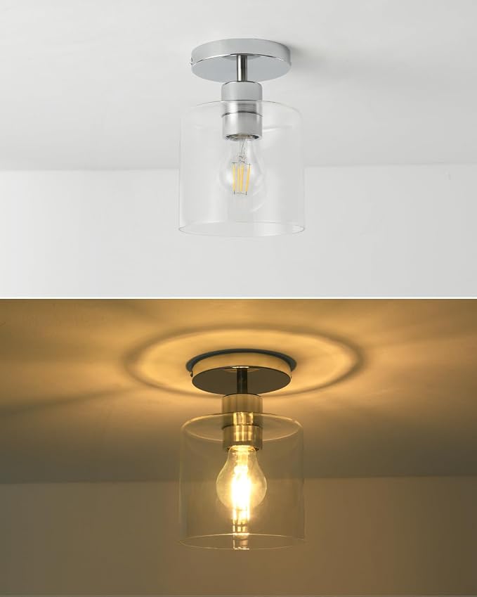 Chrome Semi Flush Mount Ceiling Light,Modern Farmhouse Ceiling Light Fixture for Closet Entryway,Hallway Light Fixture 5.9in Clear Glass Shade 2 Pack