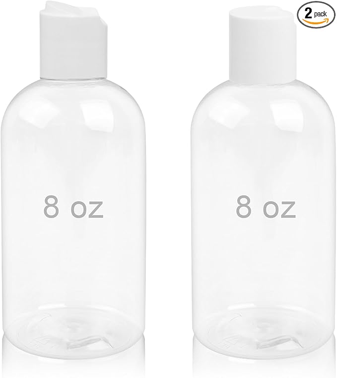 2 Pack 8 oz Plastic Bottles with white Disc Caps Clear Empty Reusable Leak-Proof Travel Squeeze Containers for Shampoo Conditioner Liquid Soap Toiletries