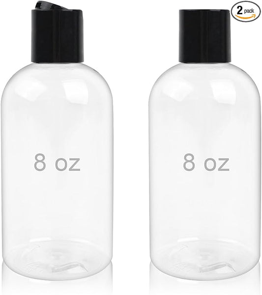 2 Pack 8 oz Empty Plastic Bottles with Black Disc Caps Reusable Clear Leak-Proof Travel Squeeze Containers for Shampoo Conditioner Toiletries Liquid Soap