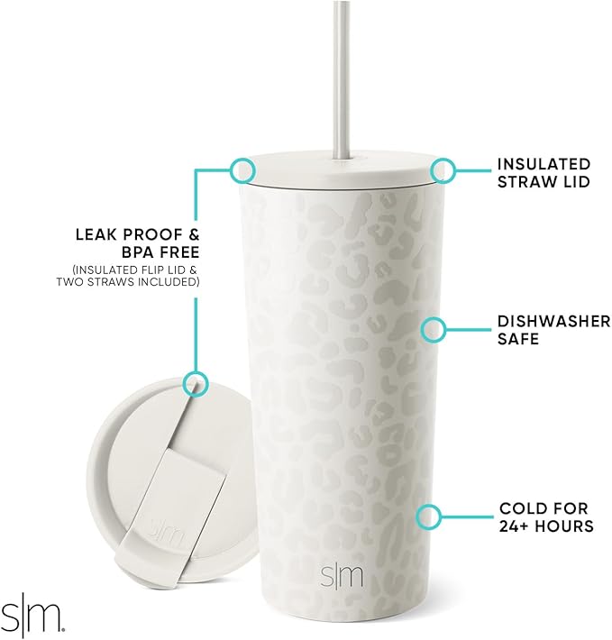 Simple Modern Classic Tumbler with Straw Lid | Insulated Iced Coffee Cup Reusable Stainless Steel Water Bottle Travel Mug | Gifts for Women Men Her Him | 20oz | Cream Leopard