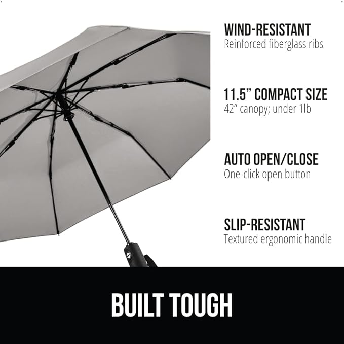 GORILLA GRIP Strong Windproof Stick Compact Umbrella for Rain, One-Click Automatic Open and Close, Durable Quick Dry Waterproof Material, Lightweight and Portable, Travel Size Fits Backpack, Gray