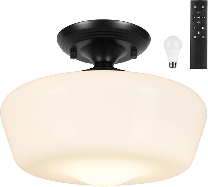 Schoolhouse Style Semi Flush Mount Ceiling Light with Dimmable Bulb Remote Control, 12" Modern Gold Hallway Ceiling Lamp with Opal Milk Glass Shade, Farmhouse Globe Light for Bedroom Kitchen Laundry