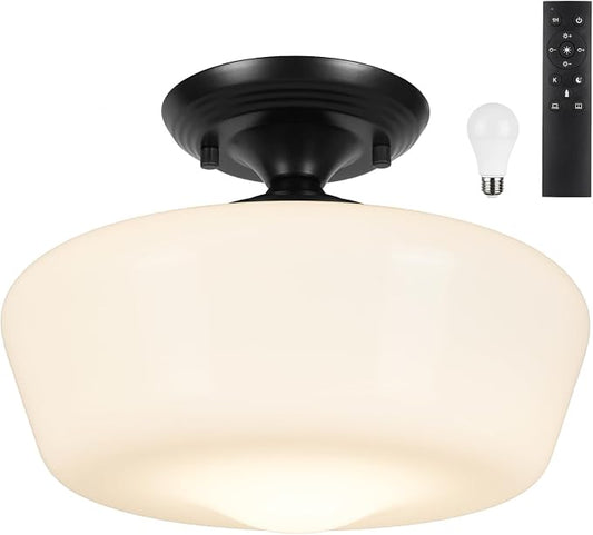 Schoolhouse Style Semi Flush Mount Ceiling Light with Dimmable Bulb Remote Control, 12" Modern Gold Hallway Ceiling Lamp with Opal Milk Glass Shade, Farmhouse Globe Light for Bedroom Kitchen Laundry
