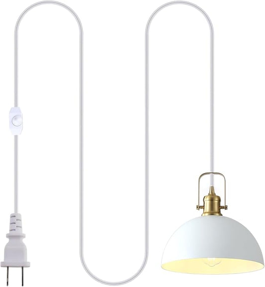 Plug in Pendant Light, Matte White and Gold Finish Haning Light with 19.68 Ft Cord, Dimming Switch, Metal Farmhouse Hanging Lamps for Living Room, Kitchen, Dining Room, Bedroom 9.84"
