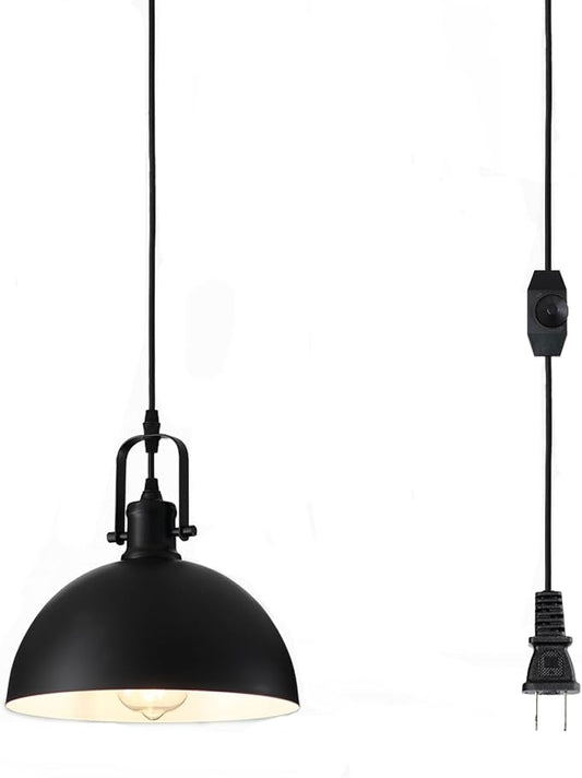 Plug in Pendant Light, Matte Black Haning Light with 19.68 ft Cord, Dimming Switch, Metal Farmhouse Hanging Lamps for Living Room, Kitchen, Dining Room, Bedroom 9.84"