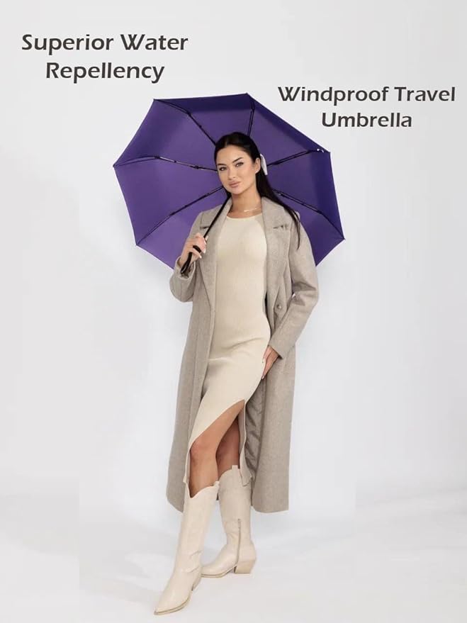 Windproof Travel Umbrella - Compact, Light, Full Automatic Open/Close - Folding Backpack Umbrella for Rain & Sun UV Preotection For Men & Women, Unbreakable 8 Fiberglass Ribs UK Design