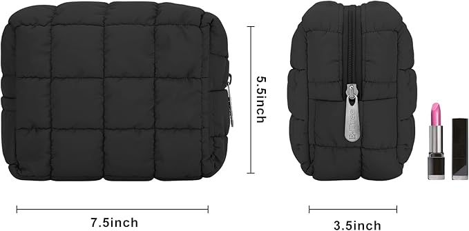 E-Tree Cute Makeup Bag,Quilted Cosmetic Bag,Make up Pouch for Purse,Toiletry Zipper Pouch,Checkered Bag,Travel Case,Storage Pouches for Organization (Black)