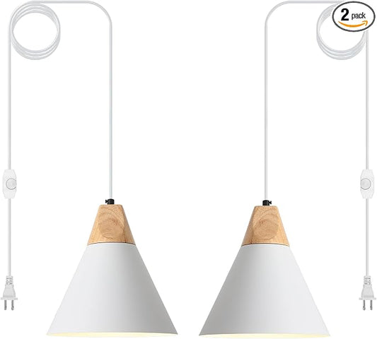Plug in Pendant Light, 2 Pack 9.4inch Hanging Lights with Plug in Cord 14.7 ft, White Pendant Light Plug in, Hanging Pendant Light, Hanging Lamp Plug in for Bedroom Living Room Kitchen Island
