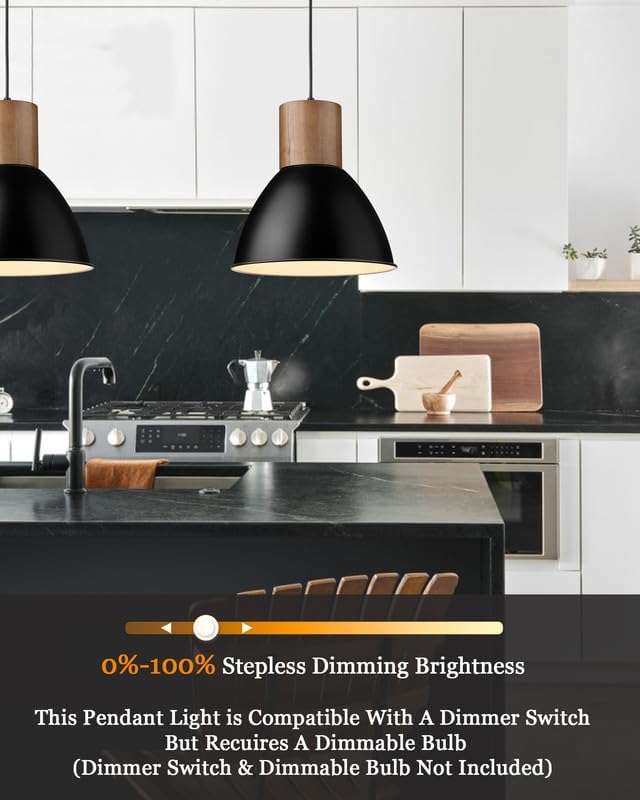 ELYONA Solid Wood Metal Pendant Light Fixtures, Industrial Hanging Lamp, Adjustable Length, 11.6" Modern Farmhouse Bar Pendant Lighting for Kitchen Island,Dining Room,Living Room, Black & Brown