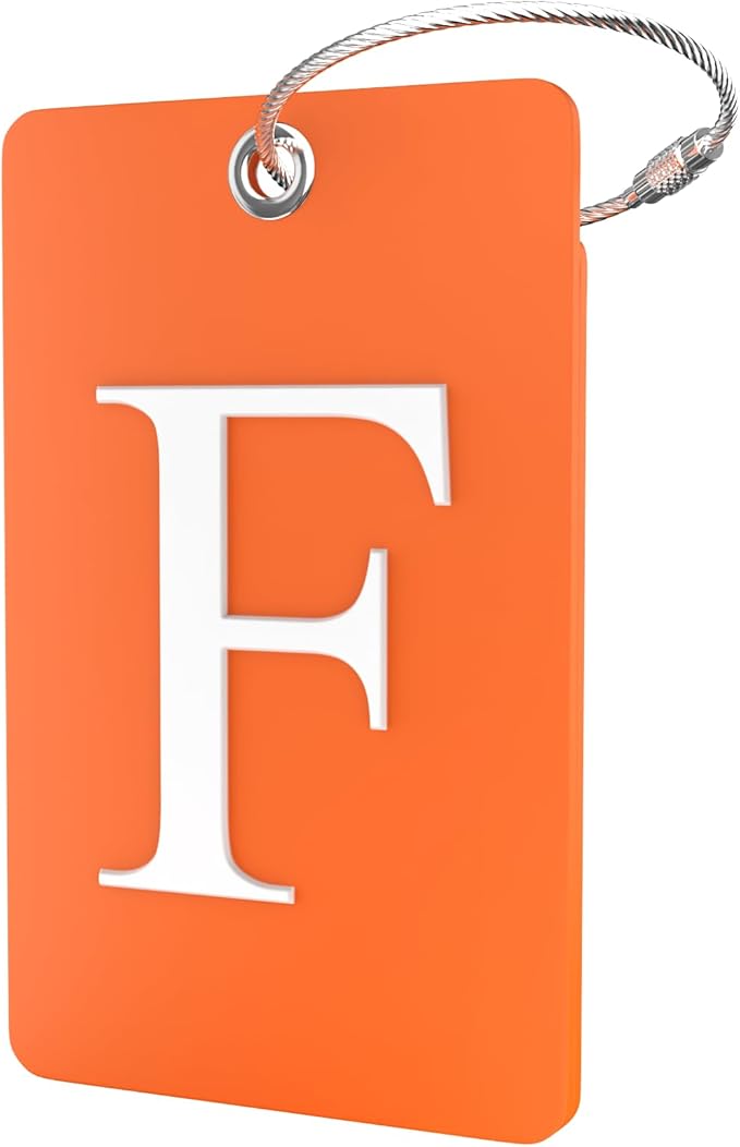 Shacke Luggage Tag Initial – Fully Bendable Tag w/Stainless Steel Loop - Orange (Letter F)
