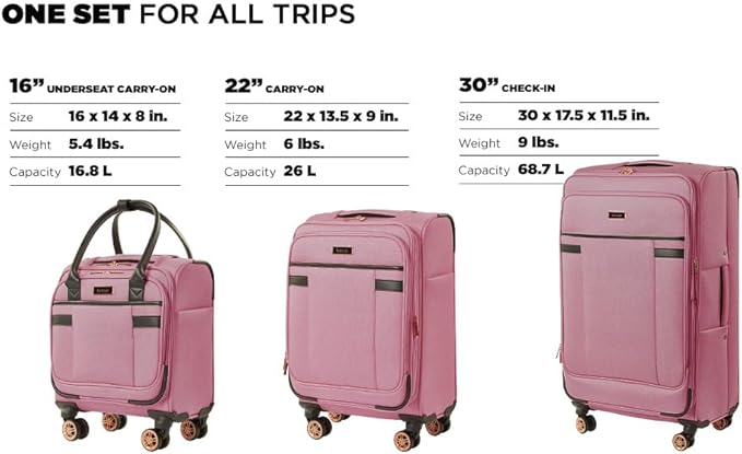 kensie Hudson Softside 3-Piece Spinner Luggage Set, Mellow Mauve