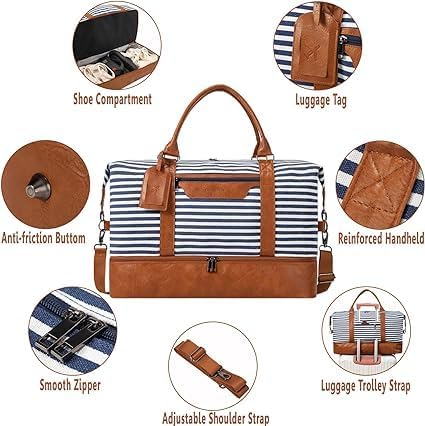 Oeihuivt Weekender Bags for Women - 21 Inch Large Travel Duffel Bag 2-Piece Set with Shoe Compartment, Heavy-Duty Canvas Leather Carry On Overnight Tote